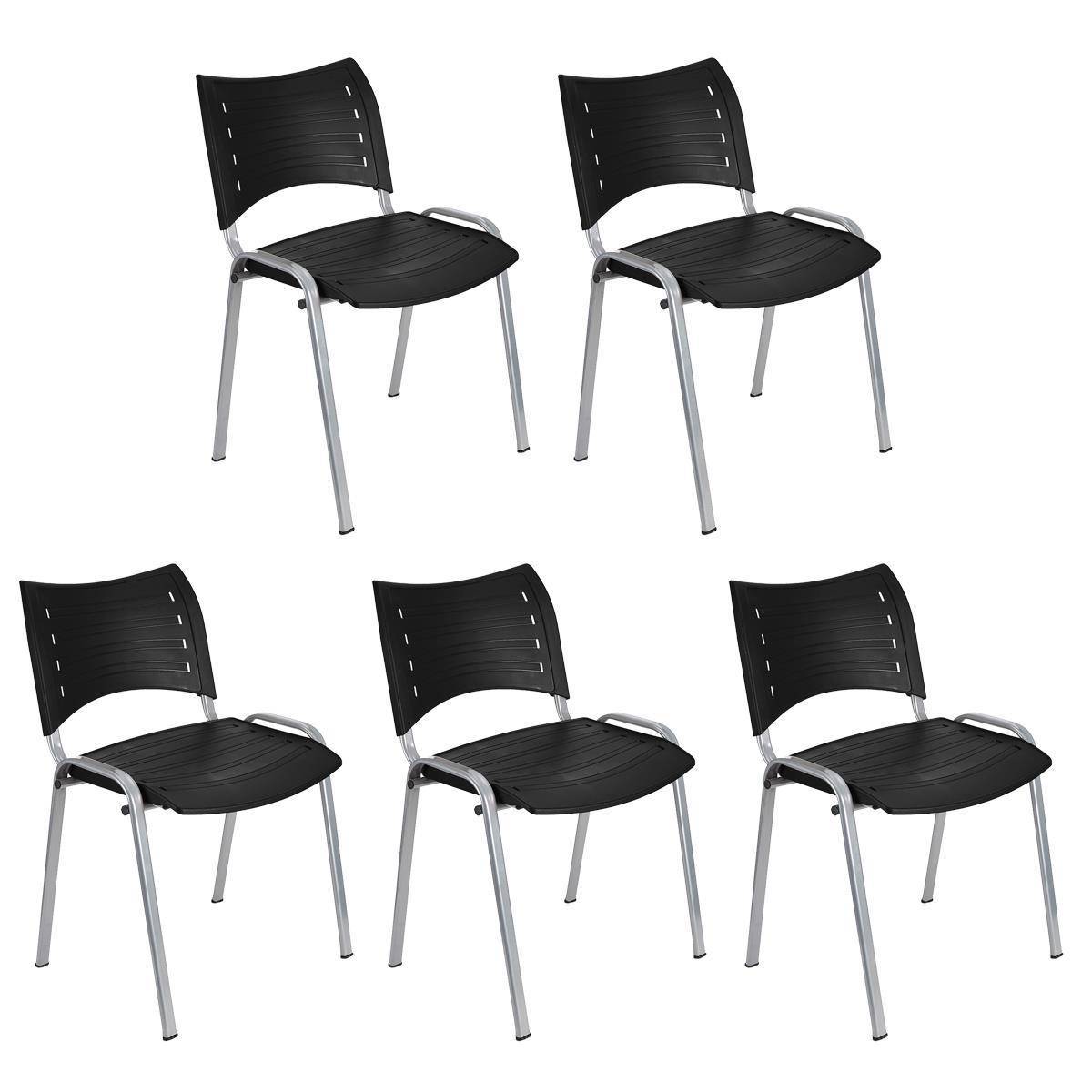 Lot de 5 chaises visiteur ELVA, empilables et très pratiques, grande qualité, Noir et Piétement Gris