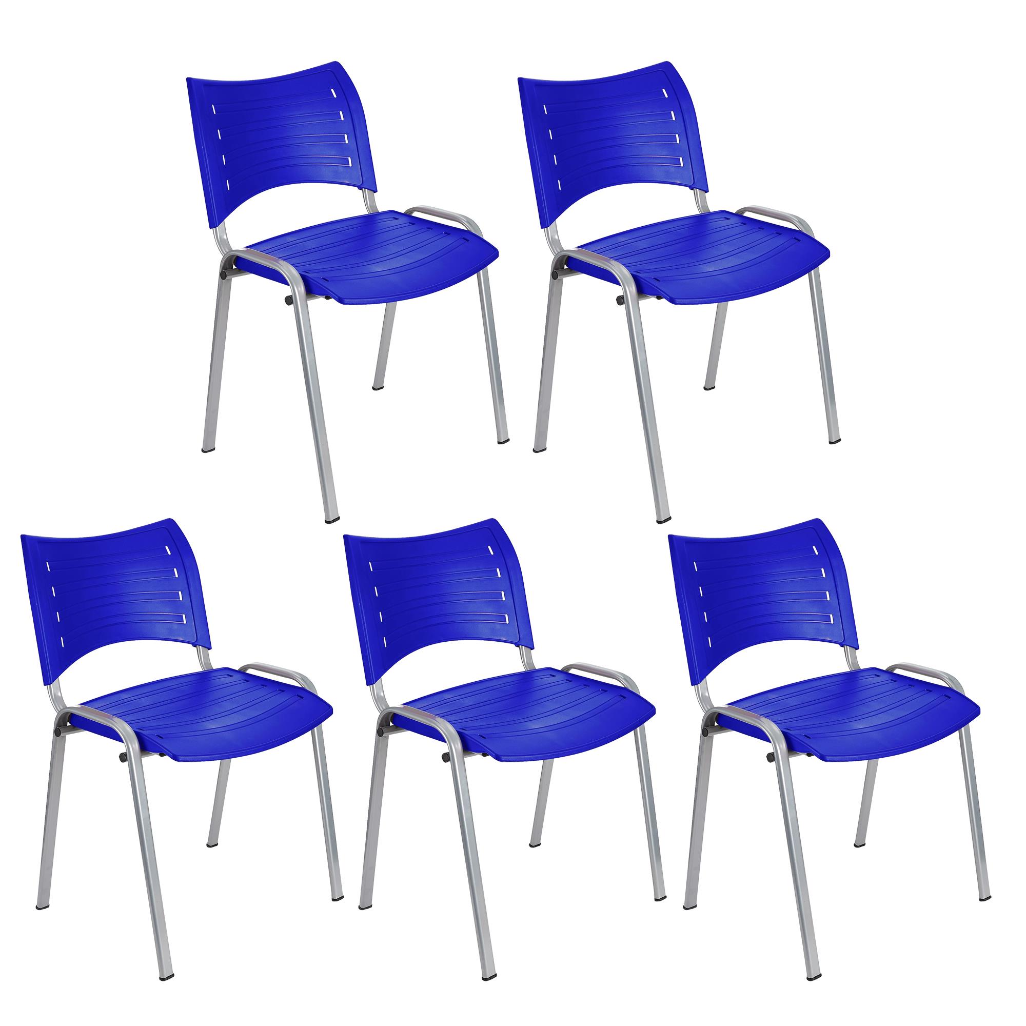 Lot de 5 chaises visiteur ELVA, empilables et très pratiques, grande qualité, Bleu et Piétement Gris