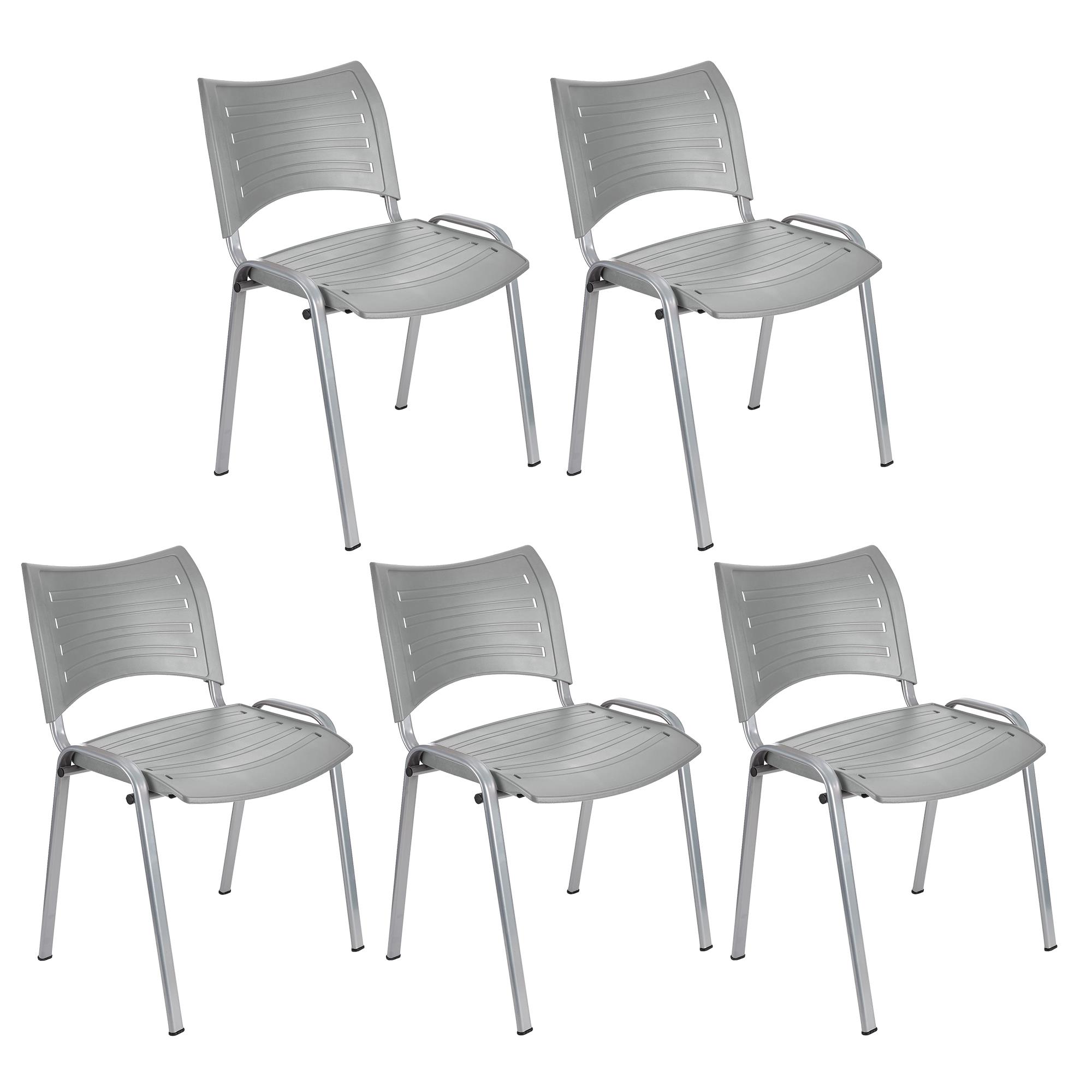 Lot de 5 chaises visiteur ELVA, empilables et très pratiques, grande qualité, Gris et Piétement Gris