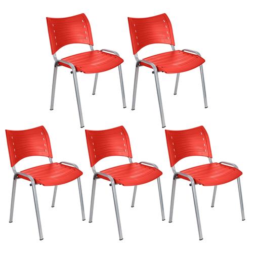 Lot de 5 chaises visiteur ELVA, empilables et très pratiques, grande qualité, Rouge et Piétement Gris