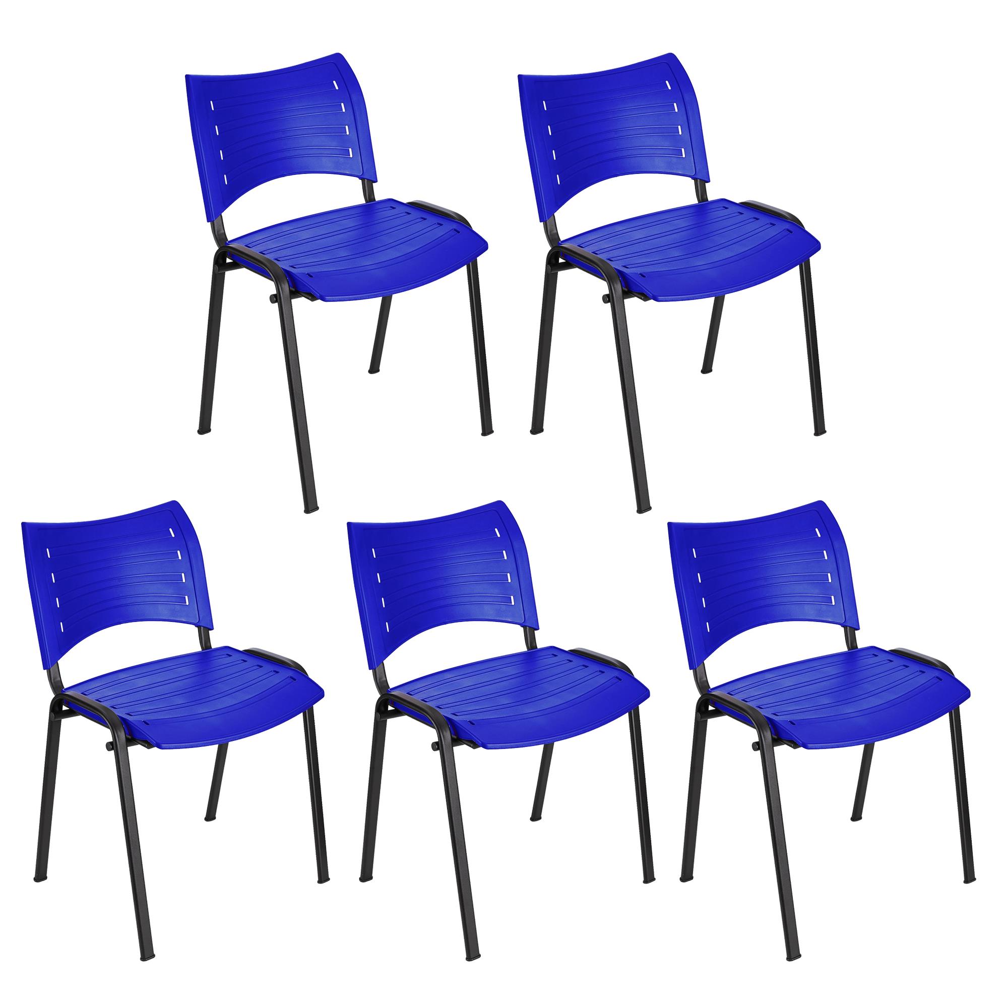 Lot de 5 chaises visiteur ELVA, empilables et très pratiques, grande qualité, Bleu et Piétement Noir