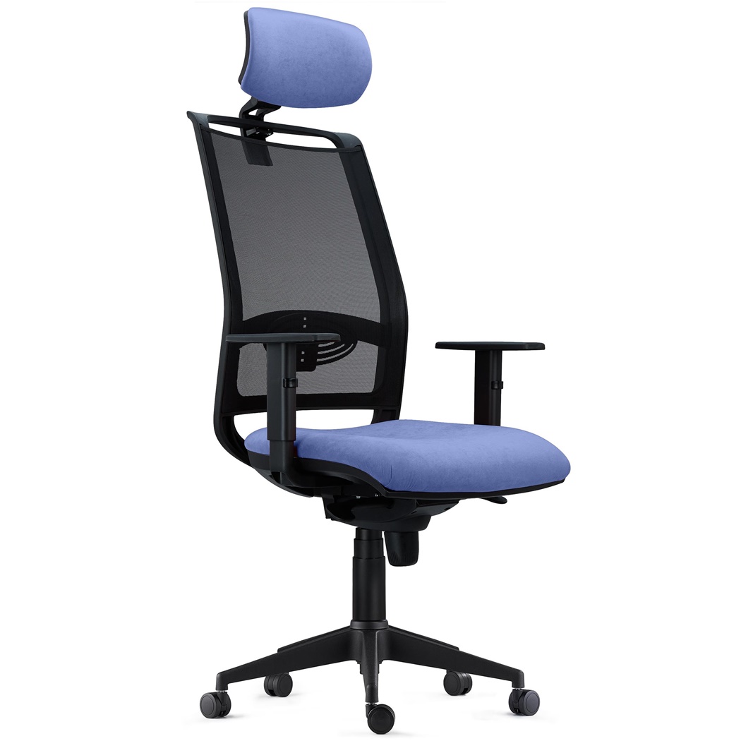 Chaise Ergonomique NEPTUNE, Appui-Tête, Support Lombaire, Utilisation 8 Heures, en Maille Noire et Tissu Bleu 