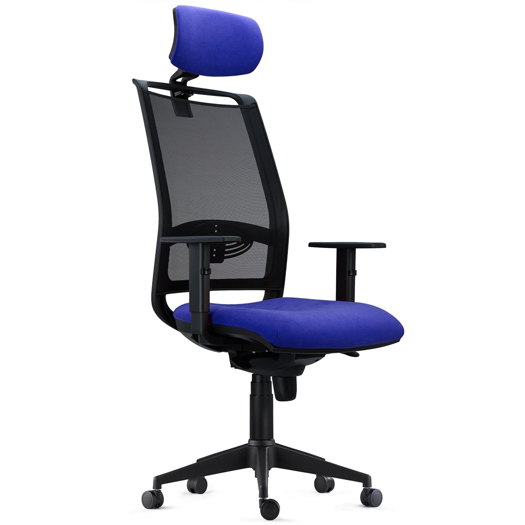 Chaise Ergonomique NEPTUNE, Appui-Tête, Support Lombaire, Utilisation 8 Heures, en Maille Noire et Tissu Bleu Foncé 