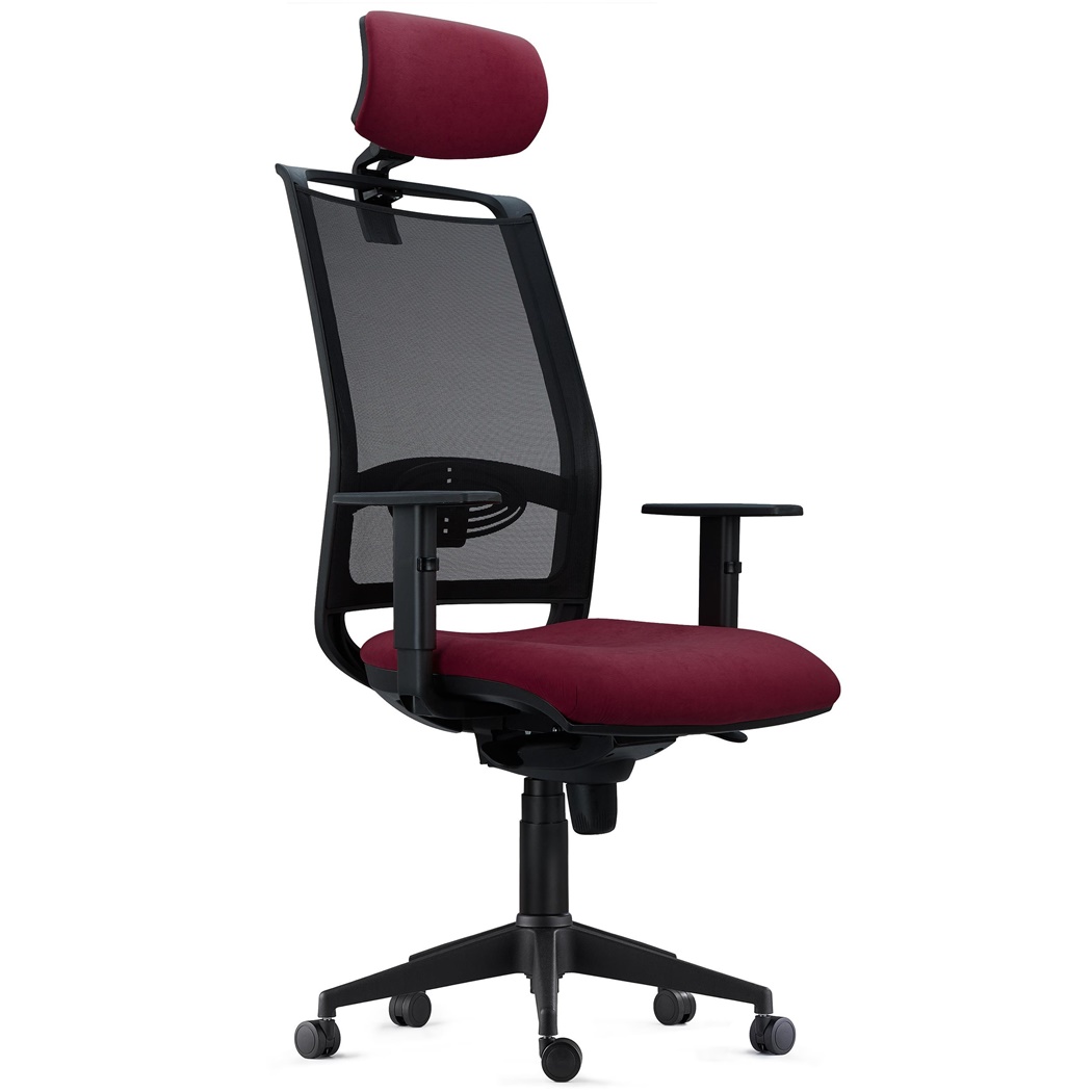 Chaise Ergonomique NEPTUNE, Appui-Tête, Support Lombaire, Utilisation 8 Heures, en Maille Noire et Tissu Bordeaux