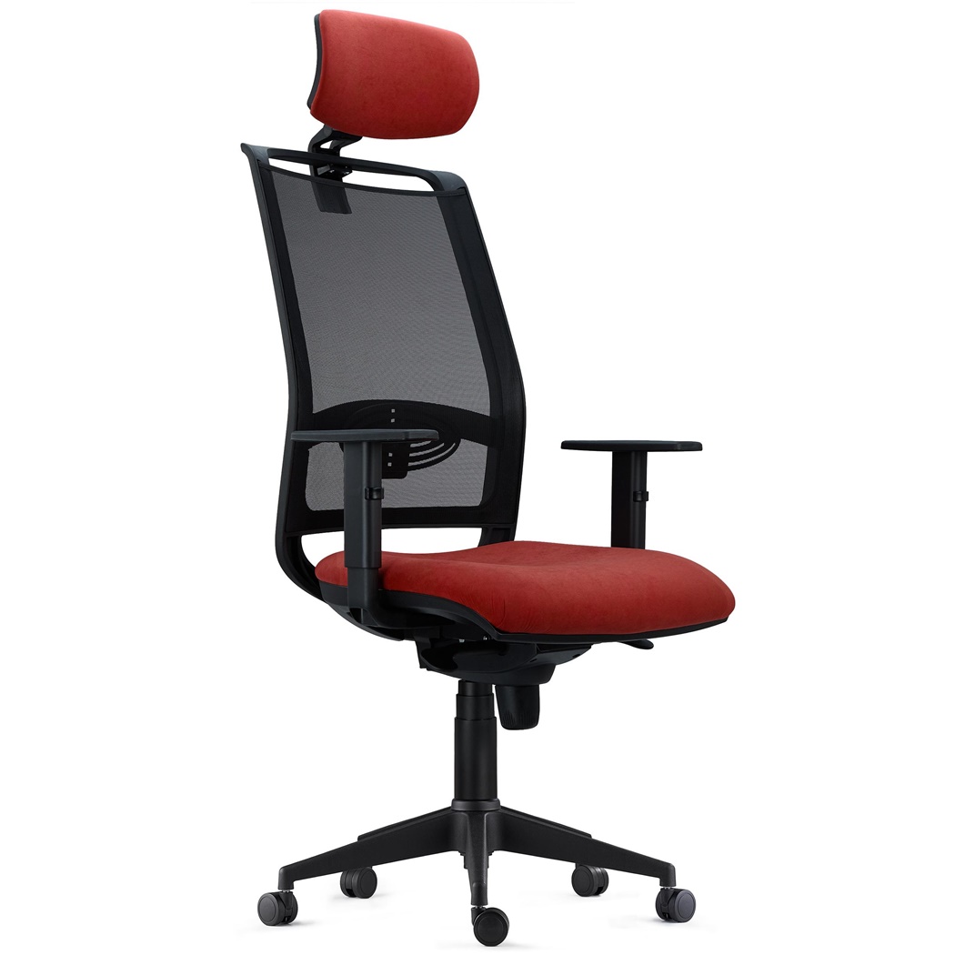 Chaise Ergonomique NEPTUNE, Appui-Tête, Support Lombaire, Utilisation 8 Heures, en Maille Noire et Tissu Rouge