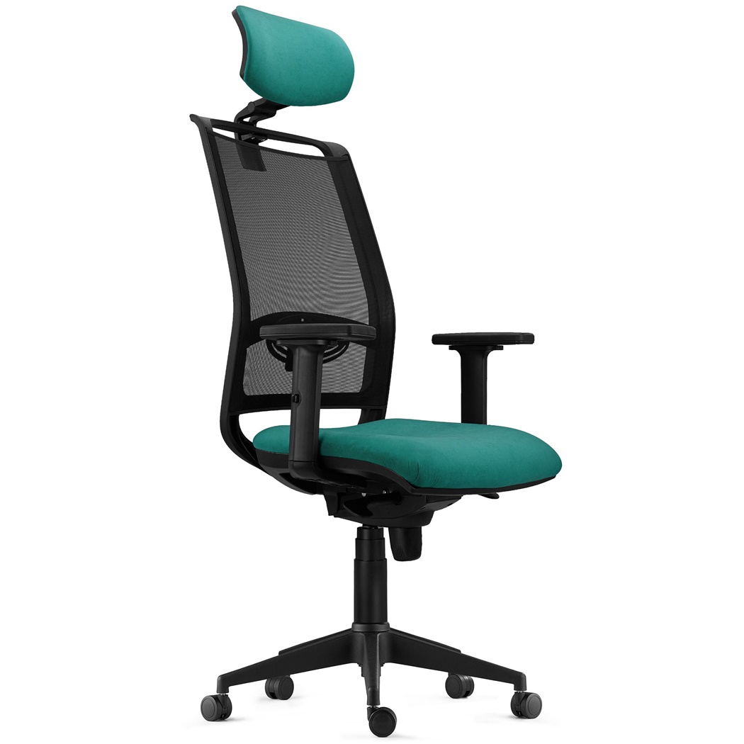 Chaise Ergonomique NEPTUNE, Appui-Tête, Support Lombaire, Utilisation 8 Heures, en Maille Noire et Tissu Vert