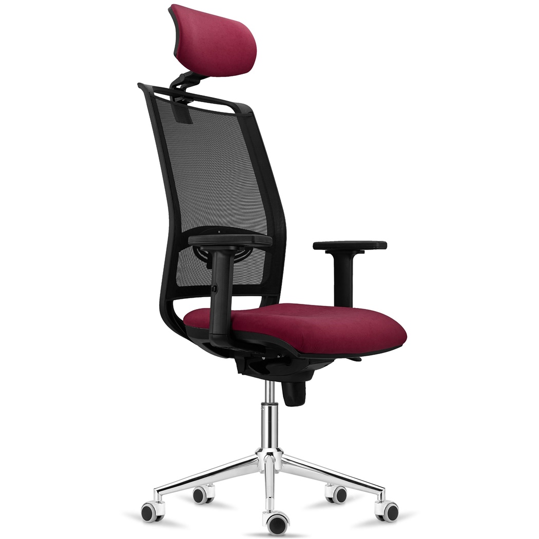 Chaise Ergonomique NEPTUNE, Appui-Tête, Support Lombaire, Utilisation 8 Heures, Piétement Métallique, en Maille Noire et Tissu Bordeaux