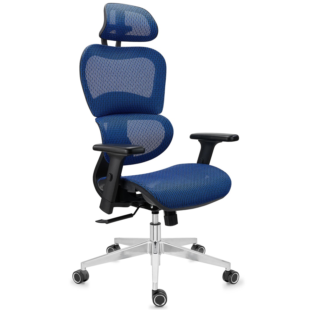 Chaise Ergonomique VICTORY, 100% Ajustable, Utilisation Intensive 8h, en Maille, Bleu