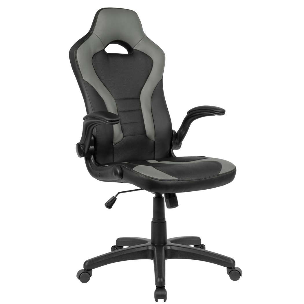 Chaise Gaming CASIPI, Design Sportif, Accoudoirs Rabattables, Cuir, Noir et Gris 