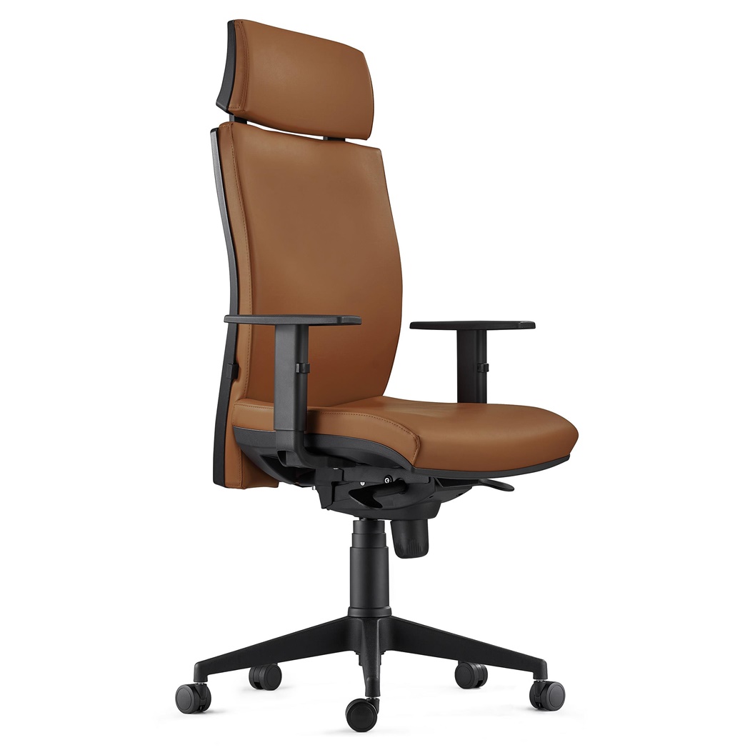 DEMO# Chaise Ergonomique MARVEL, avec Appui-tête et Support Lombaire, Cuir Authentique, Marron