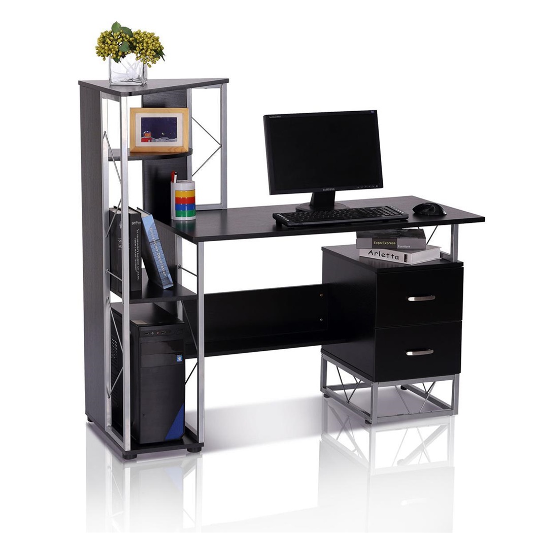 Bureau Informatique SILVANO, Dimensions 133x55x123 cm, avec Tiroirs et Étagères, en Bois, Noir