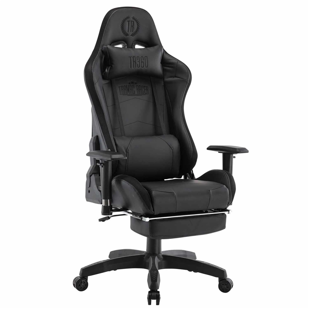 Fauteuil Gamer TURBO LED avec Repose-pieds, Dossier Inclinable, Coussin lombaire et cervical, Noir/ Noir