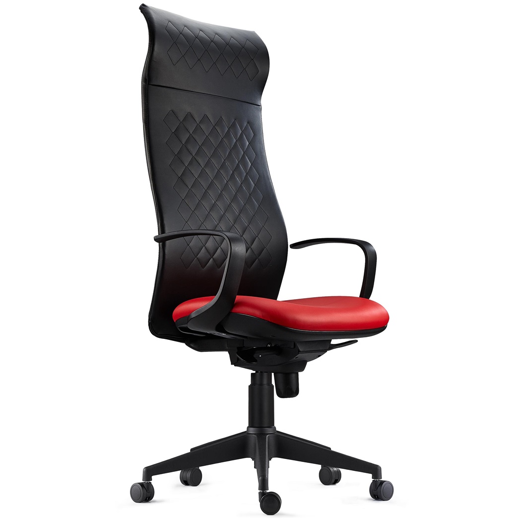 Fauteuil Ergonomique YEDA, Dossier Haut, Coutures Apparentes, en Cuir Noir et Rouge