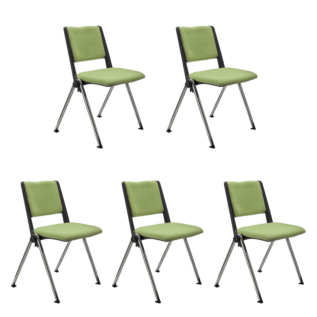 Lot de 5 chaises visiteur CARINA, Empilable, Crochets d’Attache, Piétement Chromé, Tissu Vert