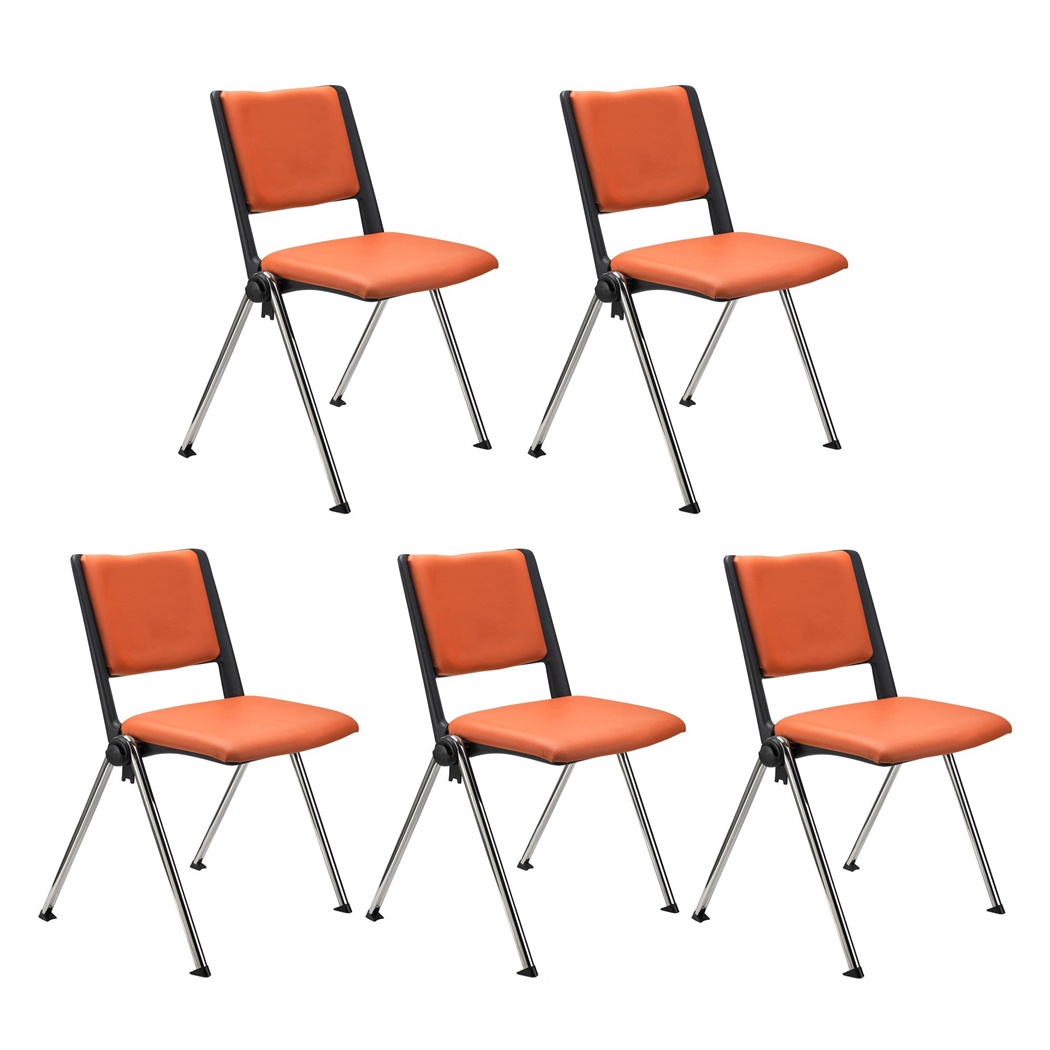 Lot de 5 chaises visiteur CARINA, Empilable, Crochets d’Attache, Piétement Chromé, Cuir Orange