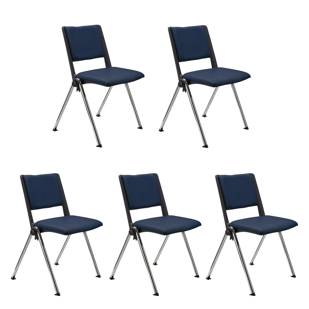 Lot de 5 chaises visiteur CARINA, Empilable, Crochets d’Attache, Piétement Chromé, Cuir Bleu