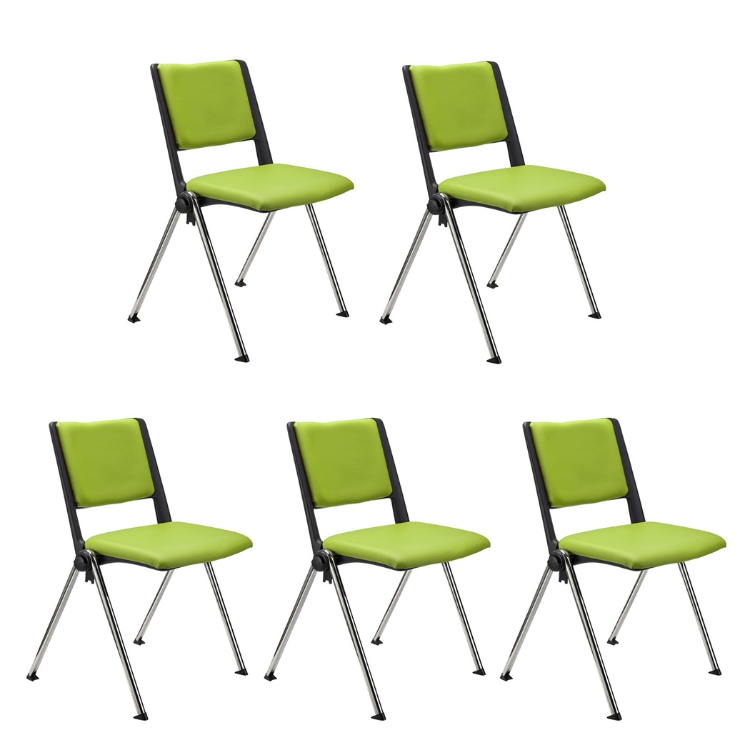 Lot de 5 chaises visiteur CARINA, Empilable, Crochets d’Attache, Piétement Chromé, Cuir Vert