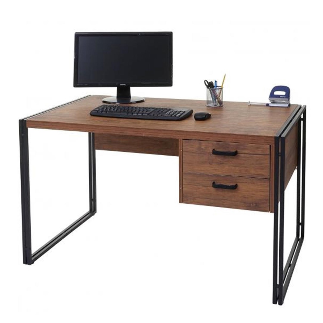 Bureau ELISA, 76x122x73cm, Design Industriel, 2 Tiroirs, en Métal et Bois couleur Chêne