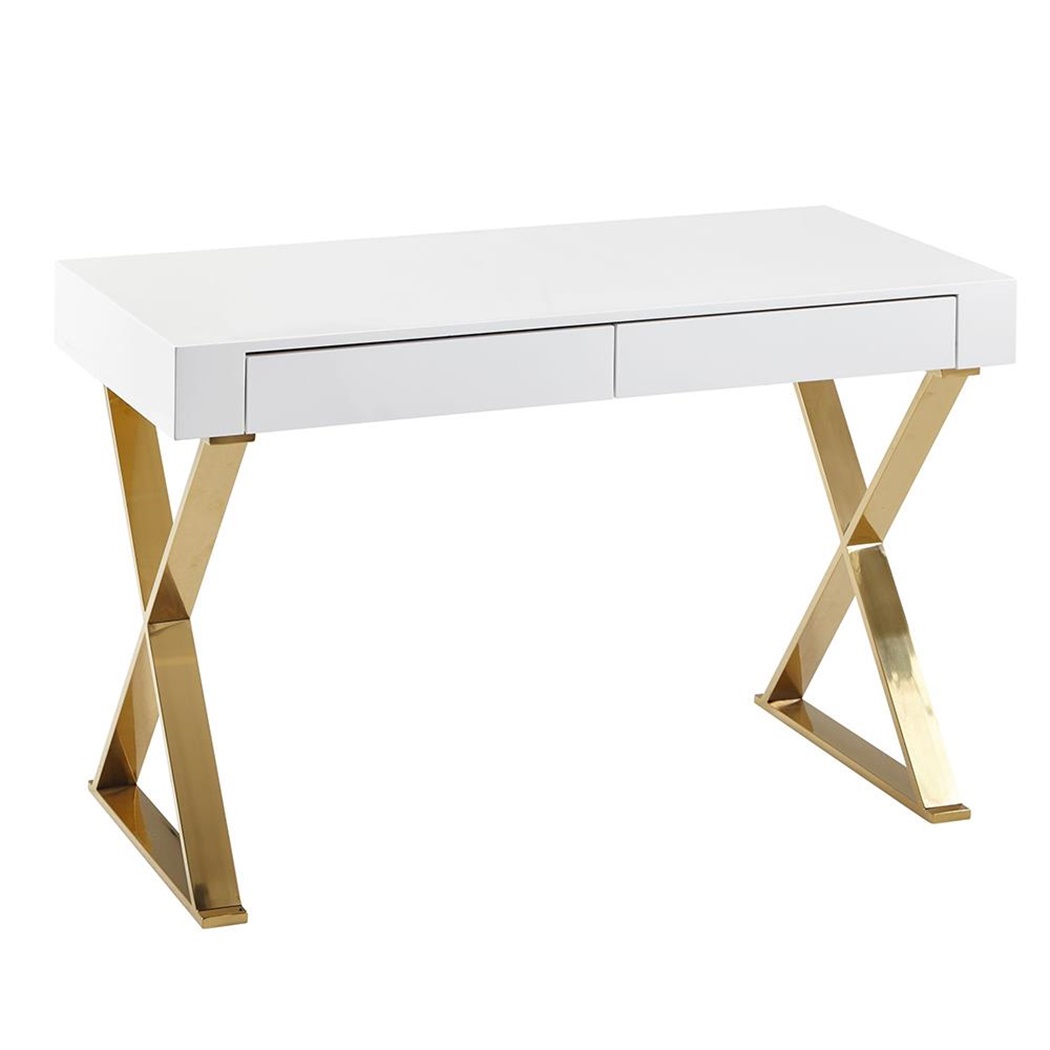 Bureau VERANO, Dimensions 118x57x76 cm, 2 Tiroirs, couleur Blanc Laqué et Doré