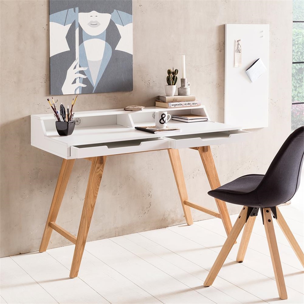 Bureau KATEN, Dimensions 110x85x60 cm, Design Scandinave, Pieds en Chêne et Bois Blanc