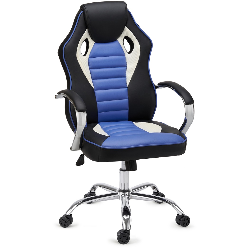 Chaise Gaming MONTECARLO, Piétement et Accoudoirs métalliques, Résistante et Confortable, Noir et Bleu