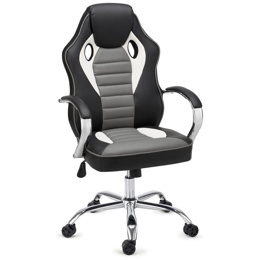 Chaise Gaming MONTECARLO, Piétement et Accoudoirs métalliques, Résistante et Confortable, Noir et Gris