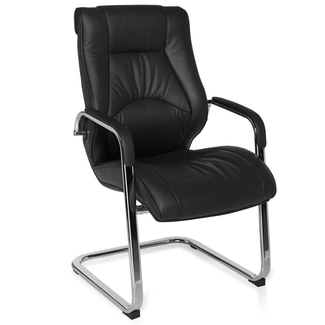 Fauteuil Visiteur WINSTON, Base en Métal Chromé, en Cuir Noir Authentique