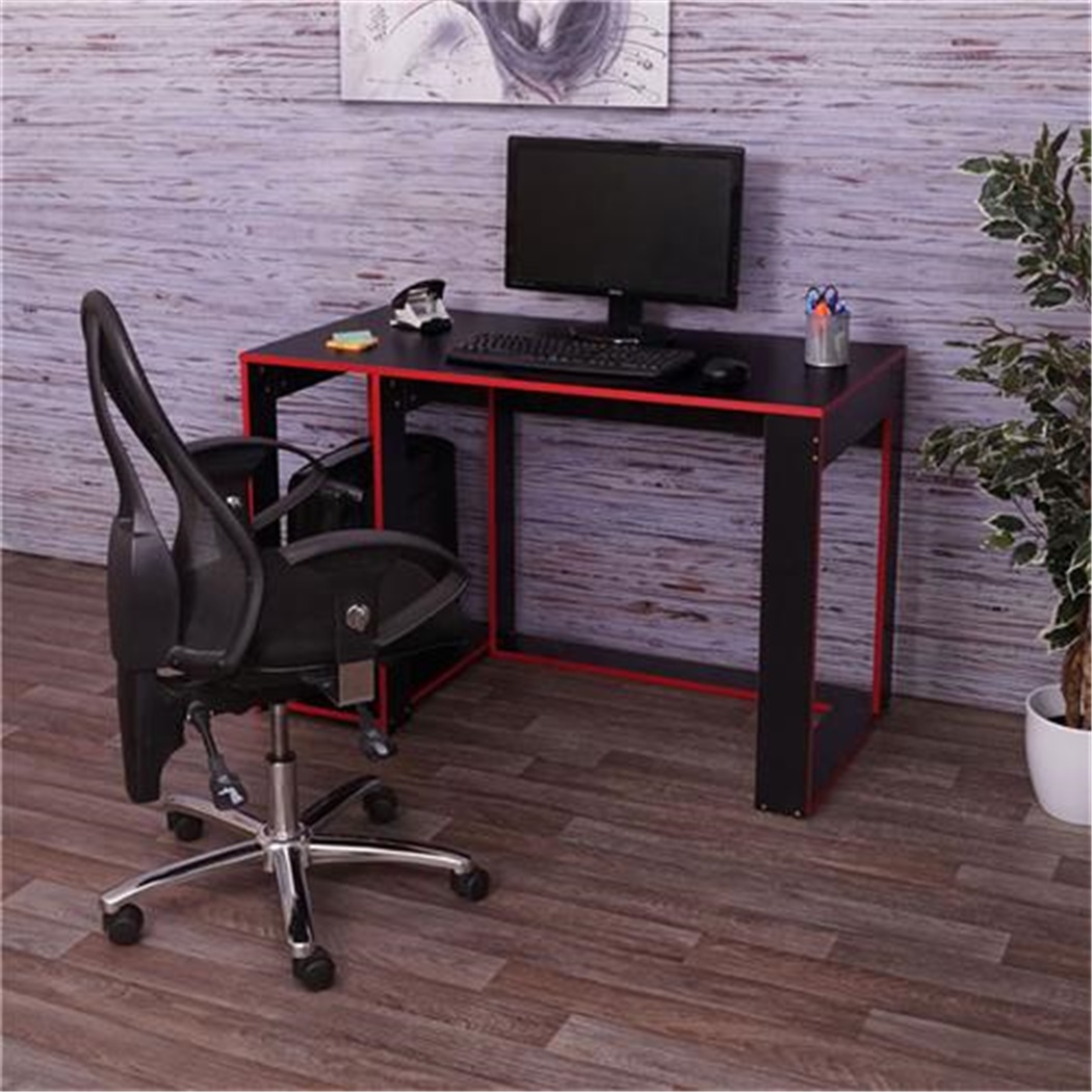 Bureau Informatique RODES, 120x60x76cm, Design Linéaire, En Bois Noir et Rouge