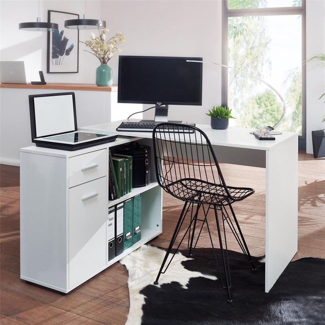 Bureau informatique METEORA, 120x106x75 cm, avec Etagères et Tiroir, en Bois Couleur Blanc