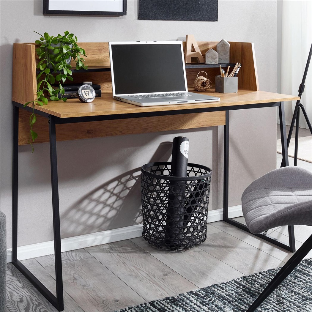 Bureau MARTE, Dimensions 120x61.5x100 cm, Design Industriel, Avec Étagère, Métal et Bois, Couleur Noyer