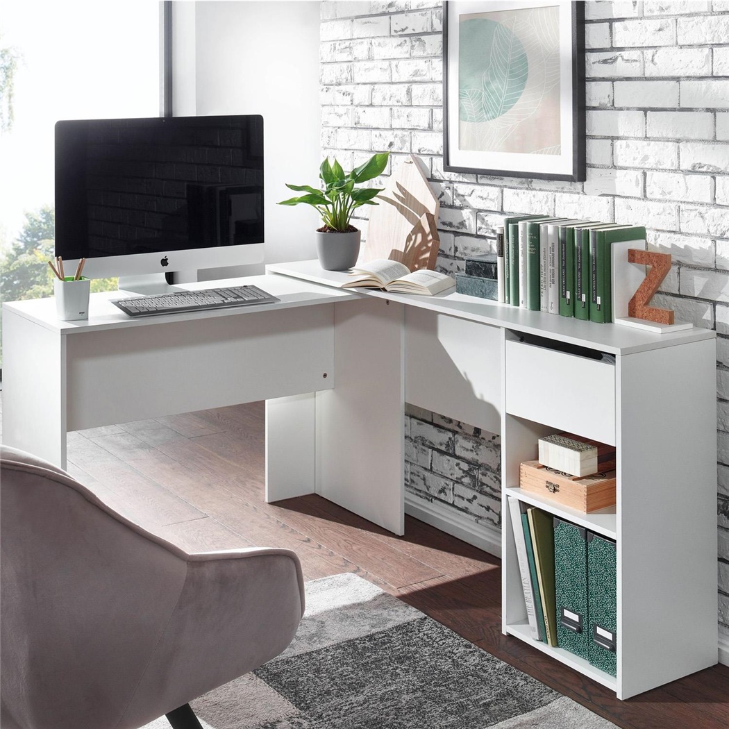 Bureau Informatique EMPIRE, Étagère Modulable Avec Tiroir, Dimensions 145x106,5x76,5 cm, En Bois, Blanc