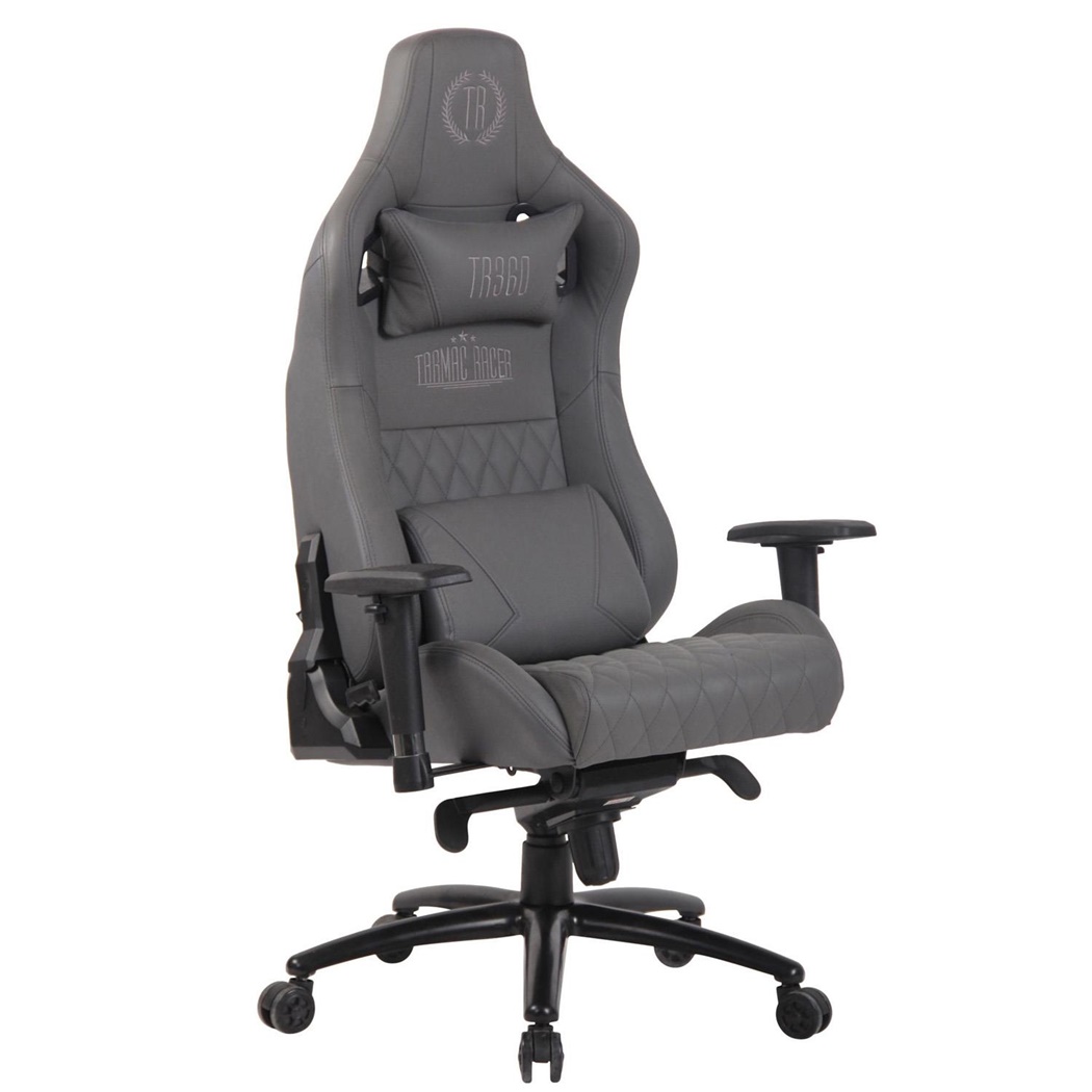 Fauteuil Gaming KAREN, Dossier Inclinable, avec Coussin Lombaire et Cervical, en Cuir Authentique, Gris