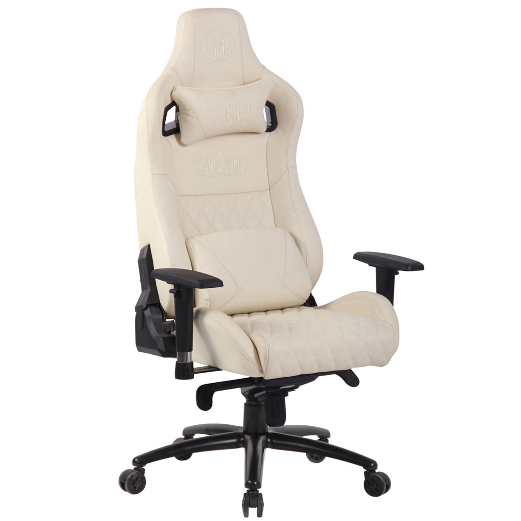 Fauteuil Gaming KAREN, Dossier Inclinable, avec Coussin Lombaire et Cervical, en Cuir Authentique, Crème