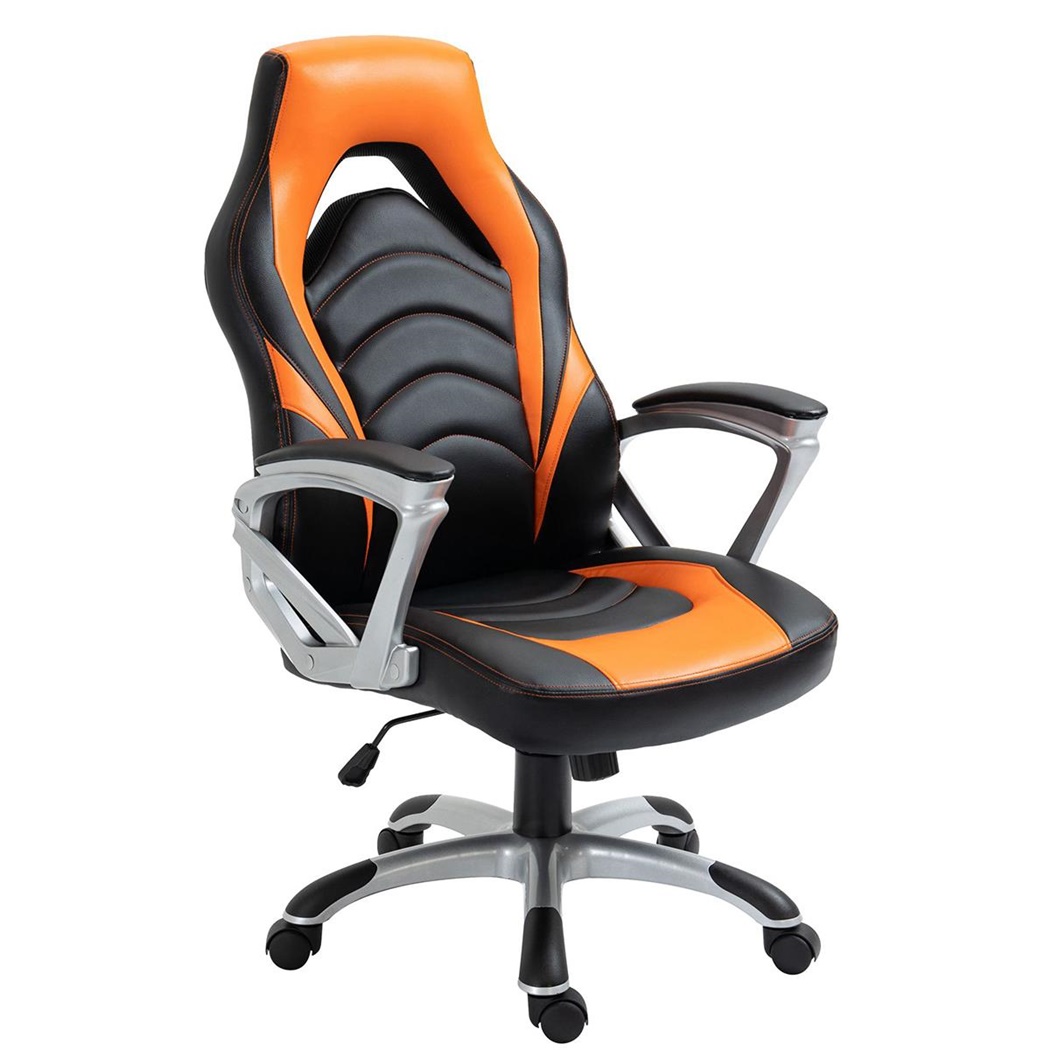 Fauteuil Gamer ALPHA, Design Sportif, Dossier Inclinable, en Cuir, Noir et Orange