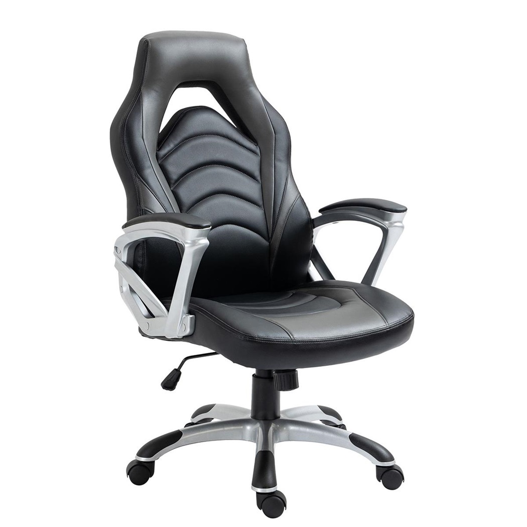 Fauteuil Gamer ALPHA, Design Sportif, Dossier Inclinable, en Cuir, Noir et Gris