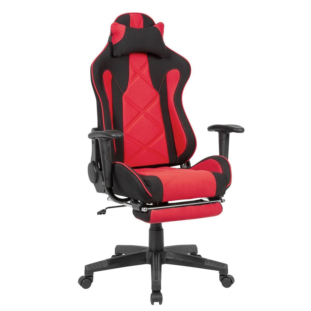 Fauteuil Gaming OMERO, Dossier Basculant, Coussin Cervical et Repose-pieds, Rouge et Noir