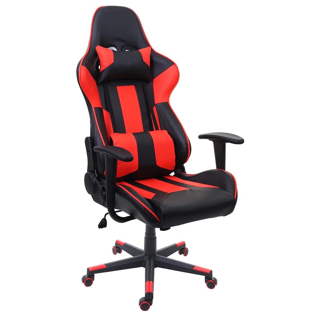 Fauteuil Gaming CAMTON, Coussin Lombaire et Cervical, en Cuir, Noir et Rouge