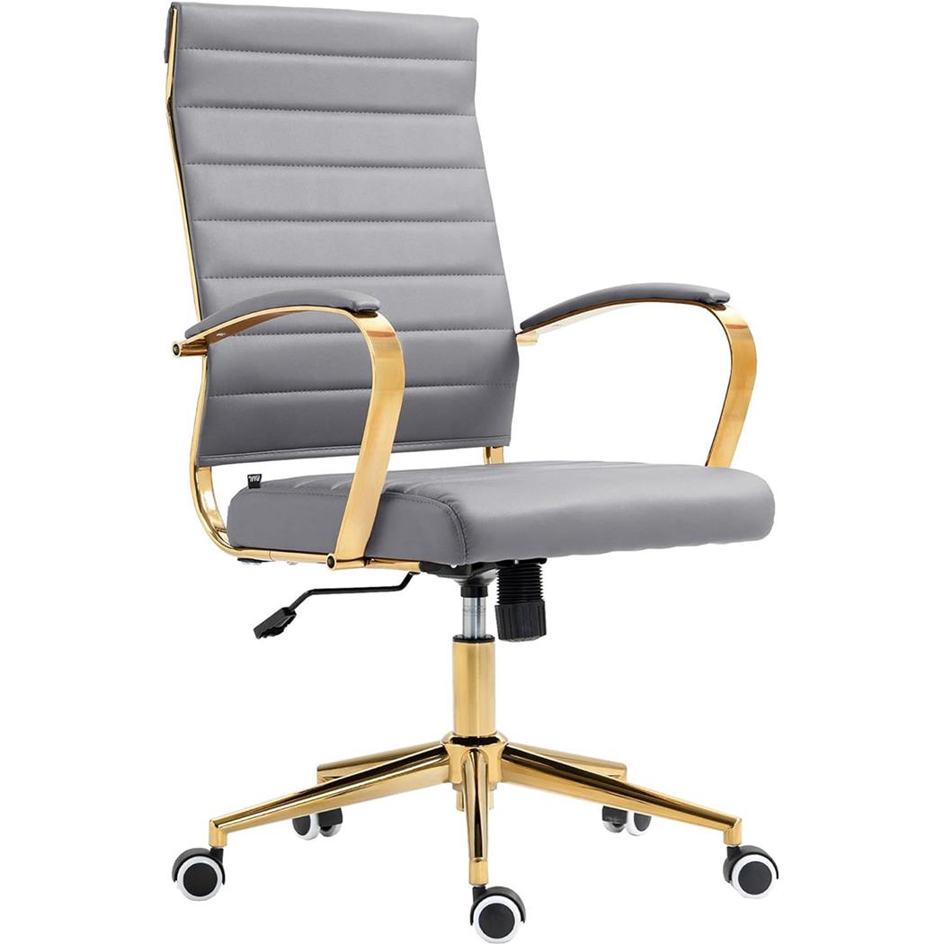 Chaise de bureau KENNETH, Élégante et Moderne, Piétement Métallique Doré, Cuir, Gris 