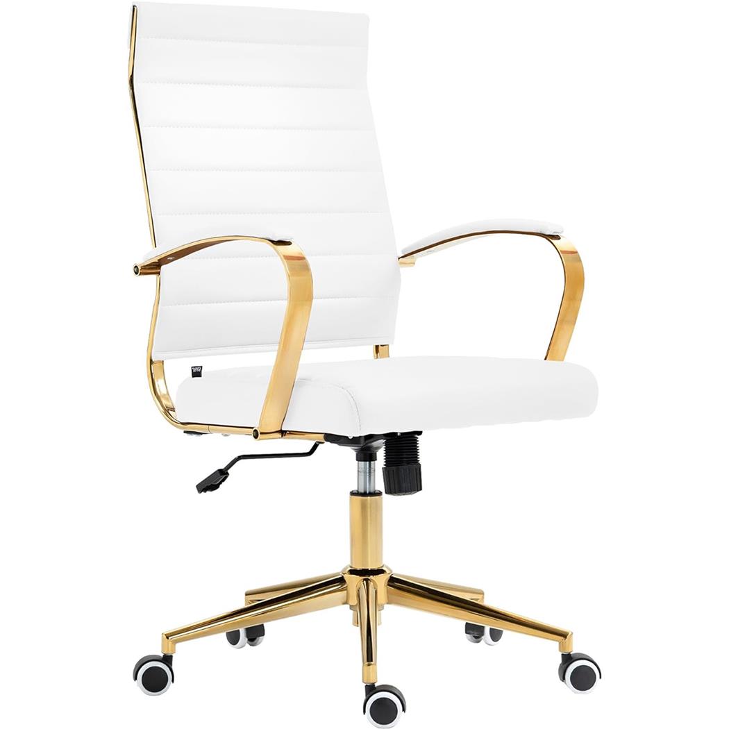 Chaise de bureau KENNETH, Élégante et Moderne, Piétement Métallique Doré, Cuir, Blanc