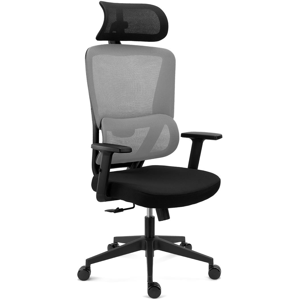 Chaise Ergonomique SUPRA, Appui-Tête, Utilisation Intensive de 8h, Support Lombaire, en Tissu et Maille Respirable, Gris