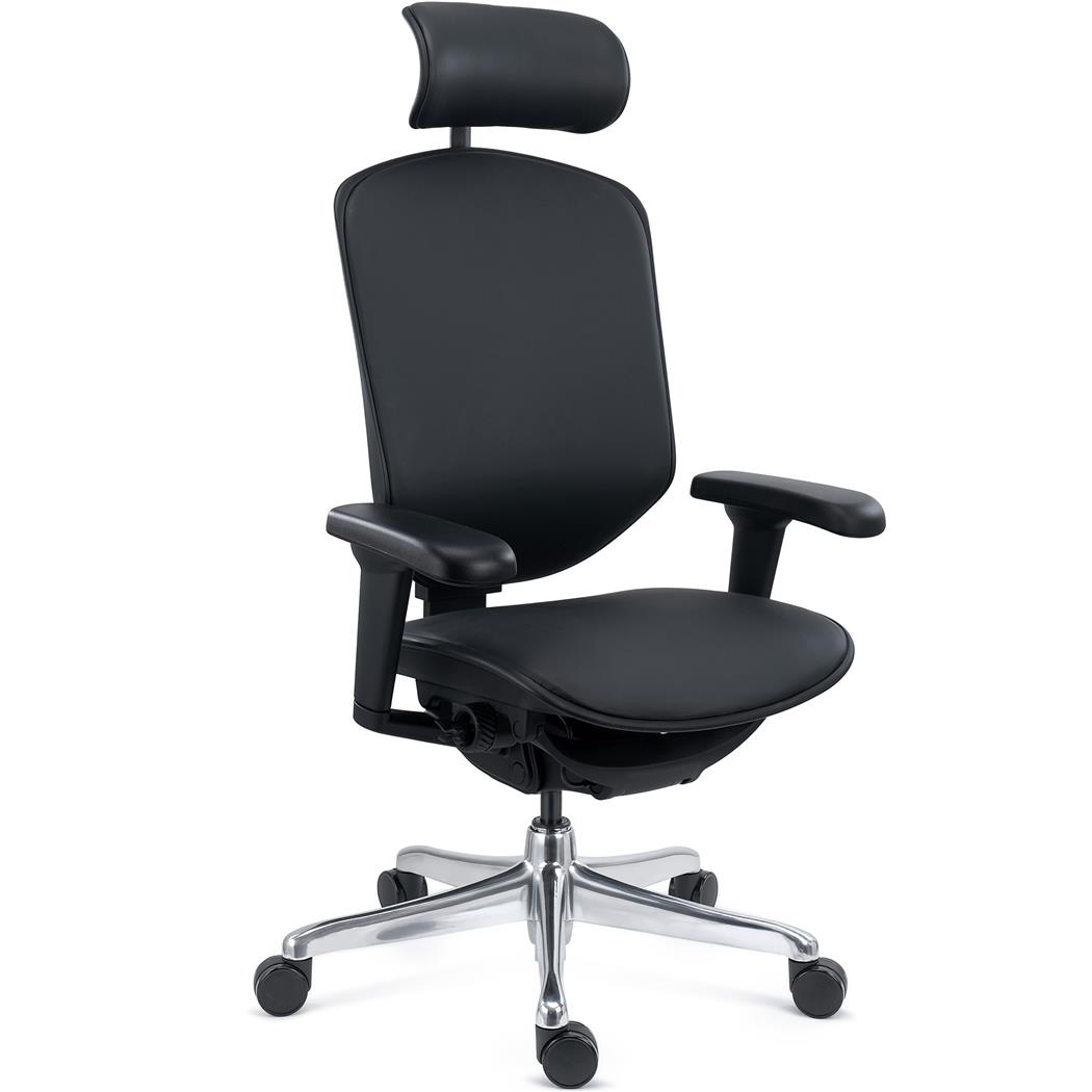 Chaise Ergonomique ENJOY, 100% Ajustable, Utilisation Intensive 8h, Revêtement en Cuir Authentique, Noir