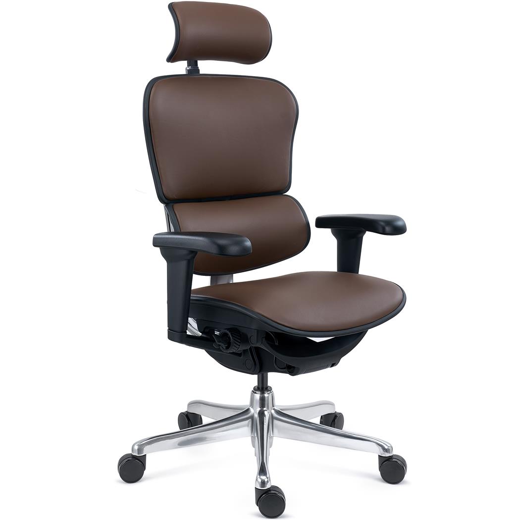 Chaise Ergonomique ERGO ULTRA, 100% Ajustable, Utilisation Intensive 8h, en Cuir Authentique Marron