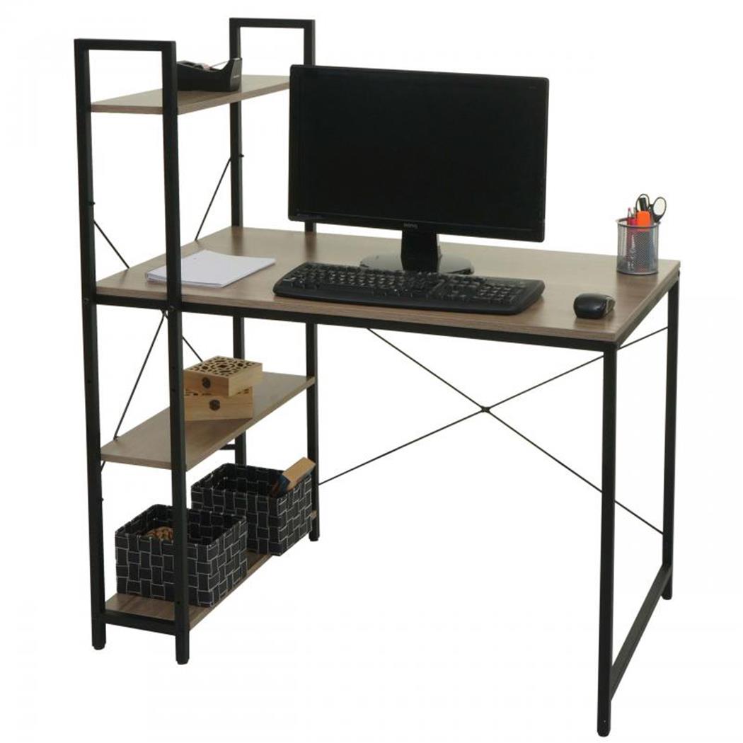 Bureau Informatique NORMAN 100x60x72 cm, avec Étagère, en Bois et Métal, couleur Gris/Brun