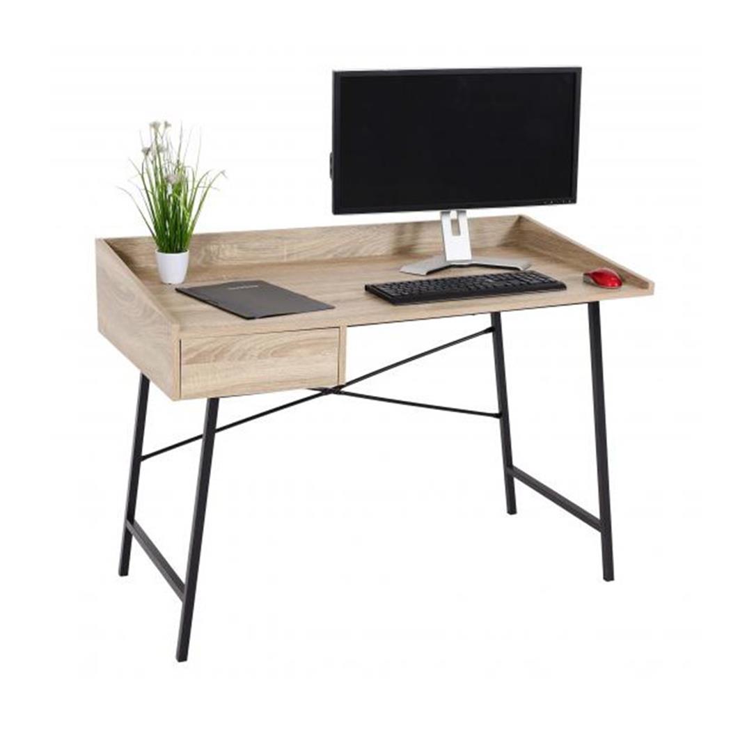 Bureau Informatique PHOENIX, 114x60x98 cm, Avec Tiroir, Structure en Métal, Couleur Hêtre