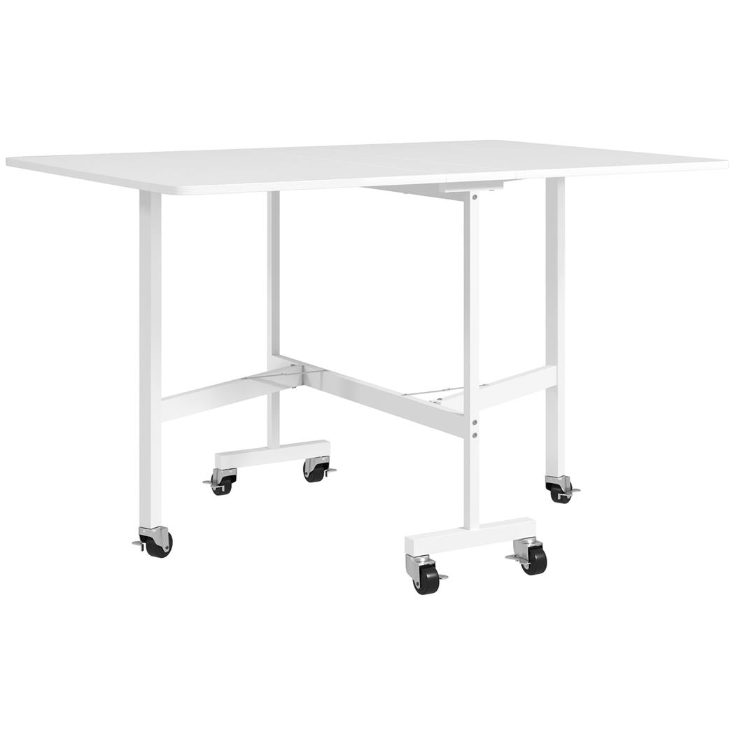 Table de Réunion NICOSIA sur Roulettes, 120x80x73 cm, Métal et Bois, 2 Rallonges Abattables, 3 Configurations, Blanc