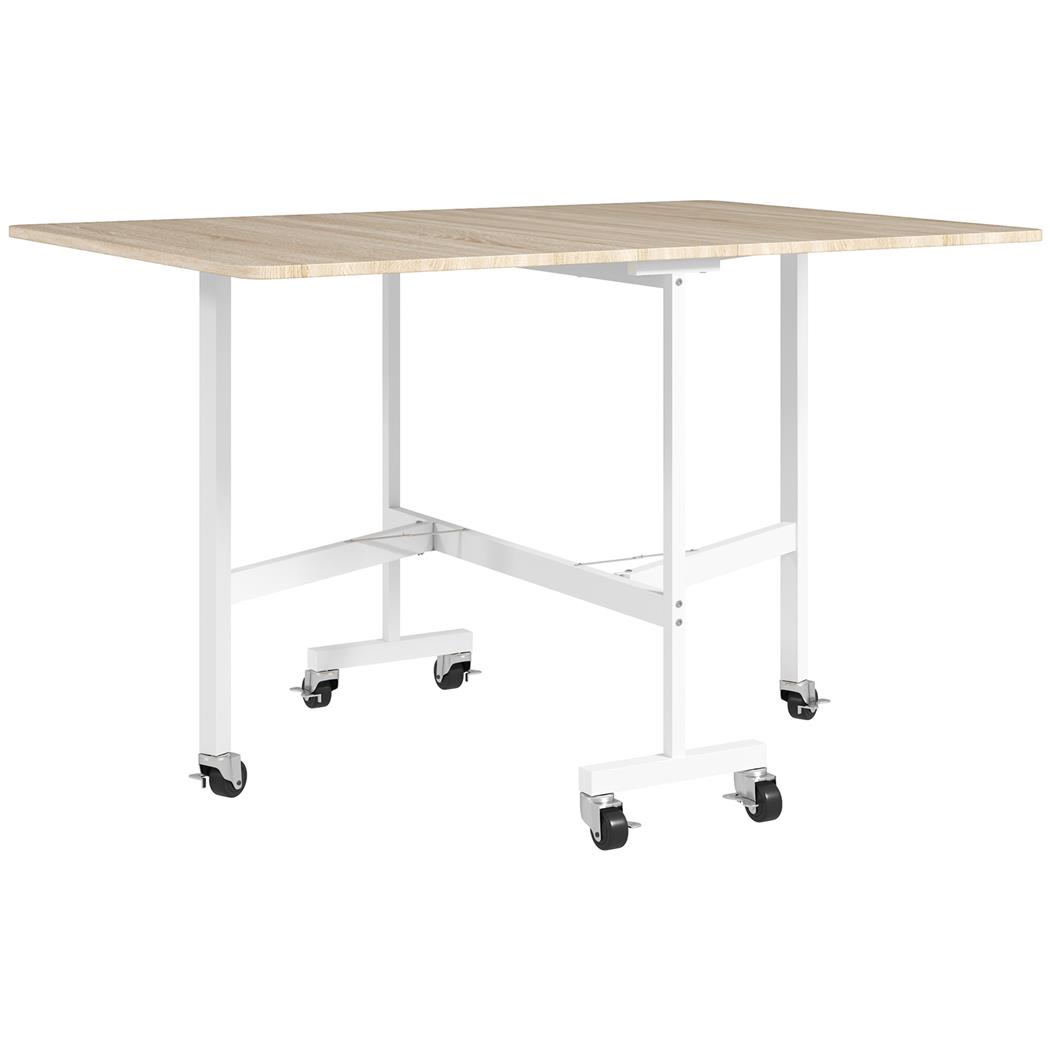 Table de Réunion NICOSIA sur Roulettes, 120x80x73 cm, Métal et Bois, 2 Rallonges Abattables, 3 Configurations, Chêne Clair