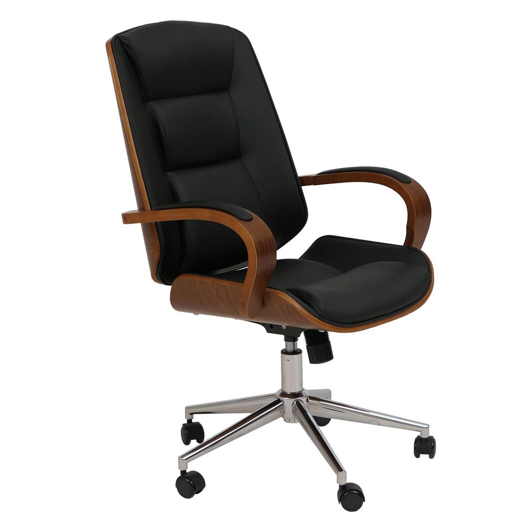 Chaise de Bureau CLARIN, Style Scandinave, Rembourrage Épais, Bois couleur Noyer et Cuir, Noir