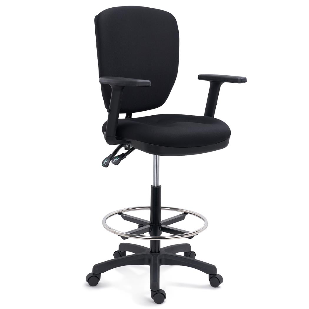 Tabouret de Travail TRADE, Dossier et Repose-pieds Réglables, Tissu, Noir