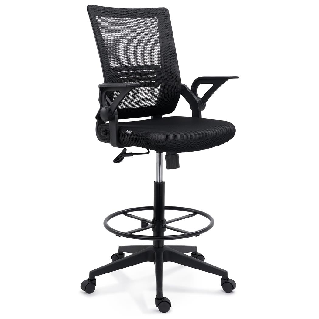 Tabouret de Travail NODUS, Accoudoirs Rabattables, Repose-pieds Réglable, En Tissu, Noir