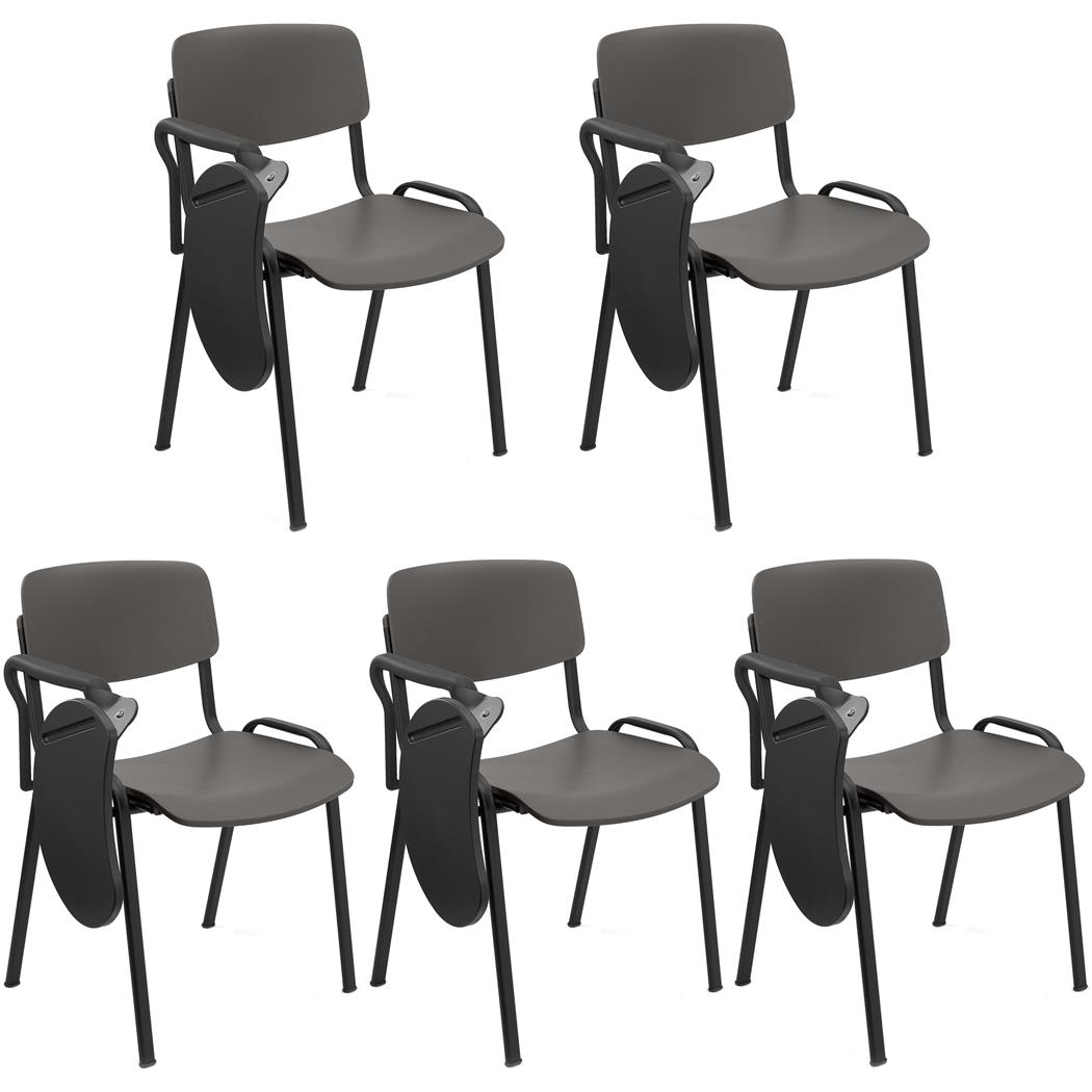Lot de 5 Chaises Visiteur MILKA AVEC TABLETTE, Élégantes et Polyvalentes, Empilables, Piètement Noir, Gris